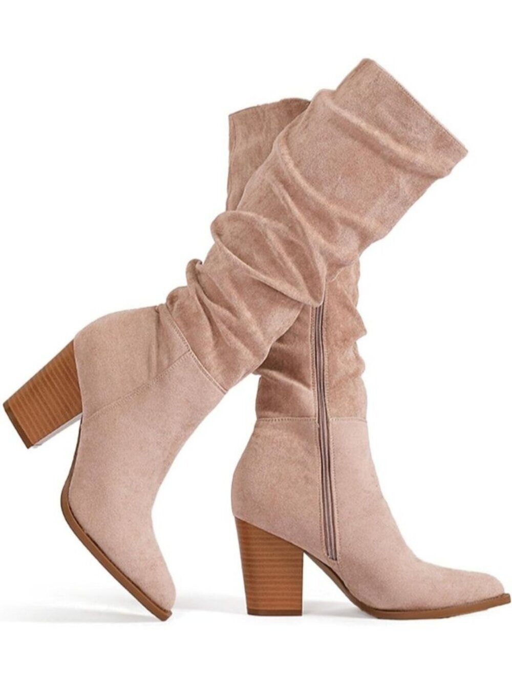 Women's Rosy Brown Slouchy Knee High Boots Faux Suede Pointed Toe Chunky Heel